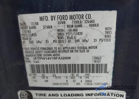 2009 Ford F-150 Fx4/King Ranch/Lariat/Platinum/Xl/Xlt from USA, damaged, VIN 1FTPW14V19FA32006